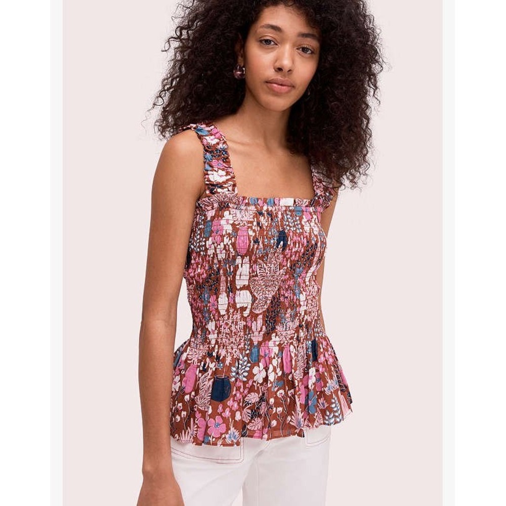 Kate Spade New York Floral Cat Print Smocked Peplum Top Brown Pink Blue M